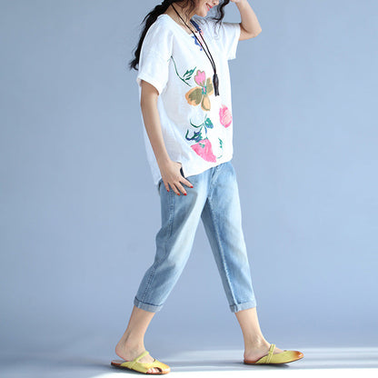 Elegante kurzärmelige Baumwollkleidung für Damen Boho-Stoffe mit weißem Aufdruck