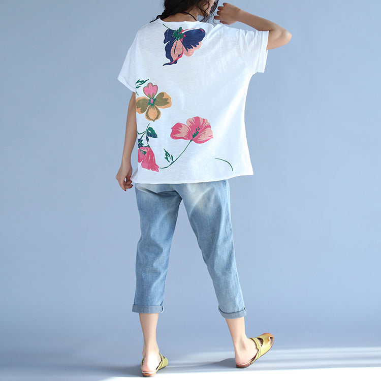 Elegante kurzärmelige Baumwollkleidung für Damen Boho-Stoffe mit weißem Aufdruck