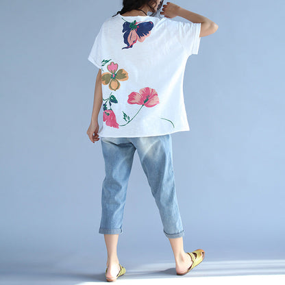 Elegante kurzärmelige Baumwollkleidung für Damen Boho-Stoffe mit weißem Aufdruck