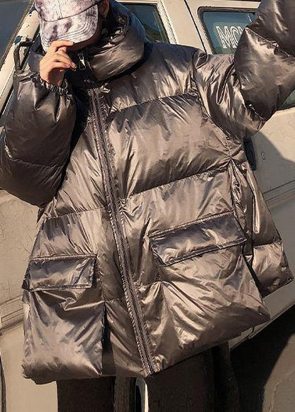 Elegant silver gray winter parkas Loose fitting Jackets & Coats winter hooded pockets outwear - SooLinen