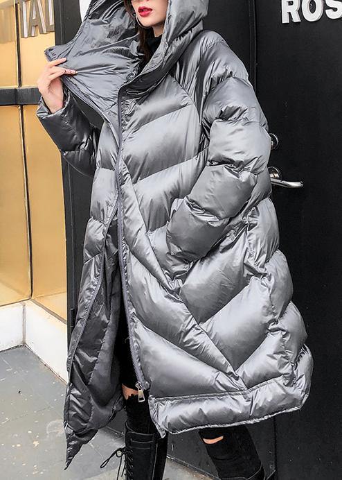 Elegant silver gray womens parkas oversized warm winter outwear hooded zippered - SooLinen