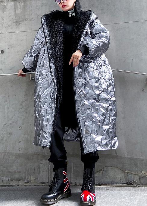Elegant silver outwear trendy plus size snow hooded zippered winter outwear - SooLinen