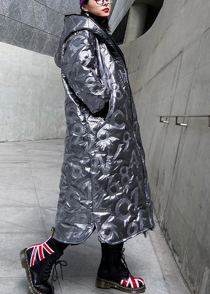 Elegant silver outwear trendy plus size snow hooded zippered winter outwear - SooLinen