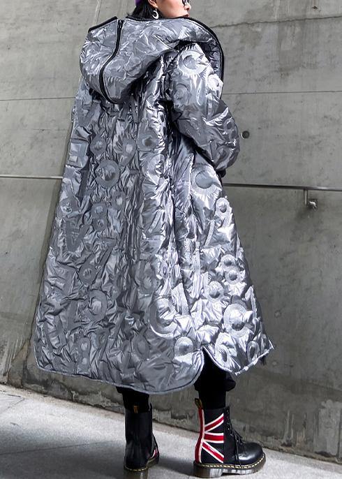 Elegant silver outwear trendy plus size snow hooded zippered winter outwear - SooLinen