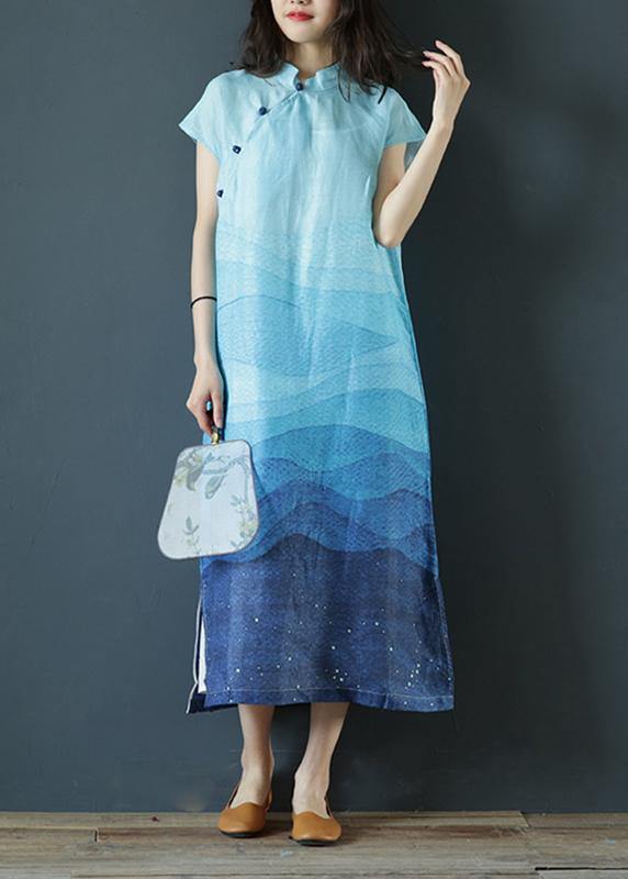 Elegant stand collar side open linen clothes Photography blue print Dresses - SooLinen