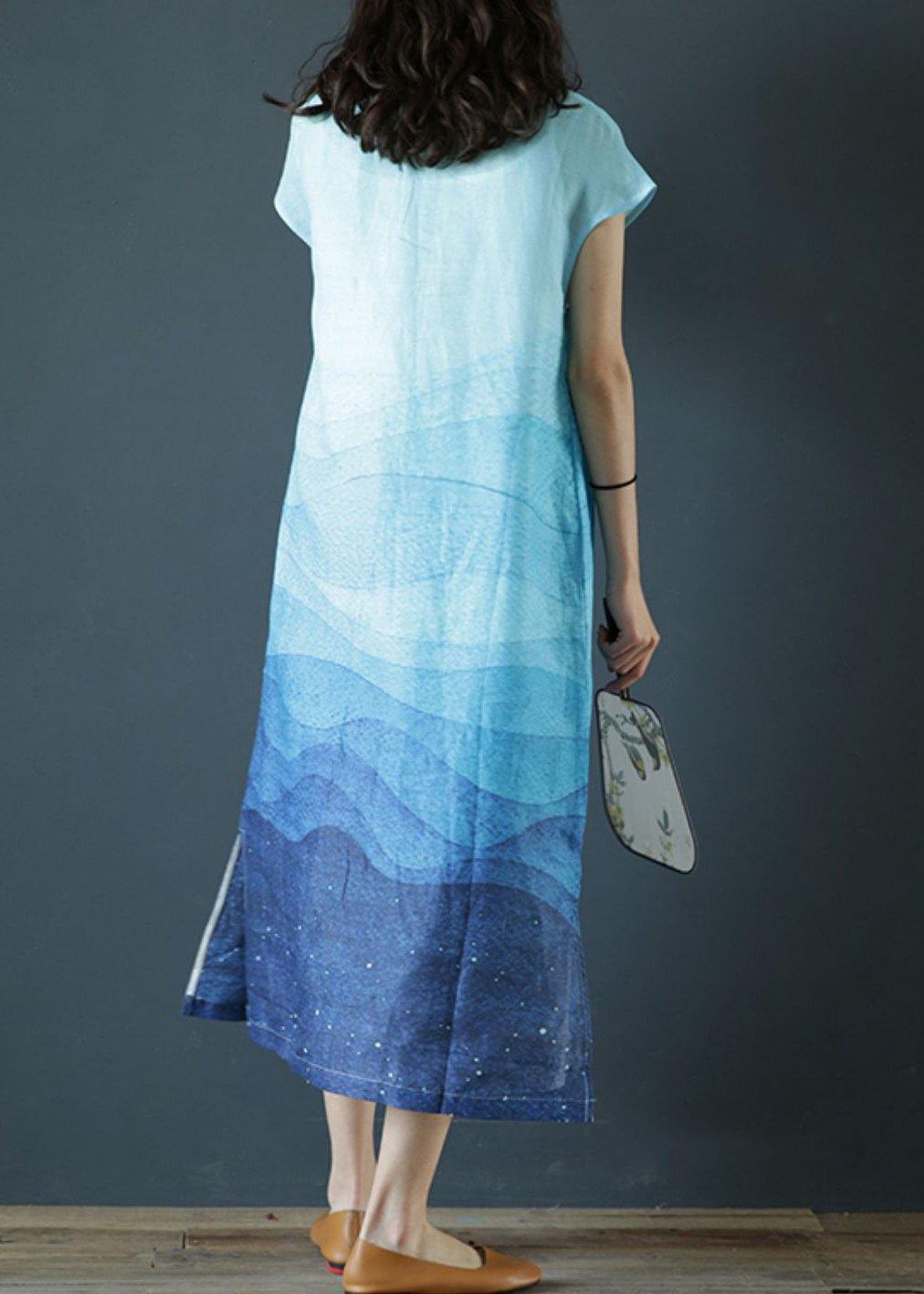 Elegant stand collar side open linen clothes Photography blue print Dresses - SooLinen