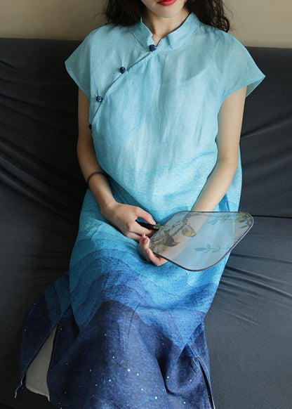 Elegant stand collar side open linen clothes Photography blue print Dresses - SooLinen