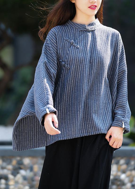 Elegant stand collar trumpet sleeves top silhouette Work Outfits navy striped shirt - SooLinen