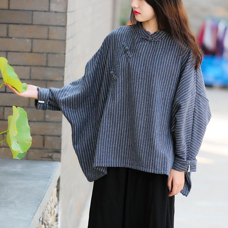 Elegant stand collar trumpet sleeves top silhouette Work Outfits navy striped shirt - SooLinen