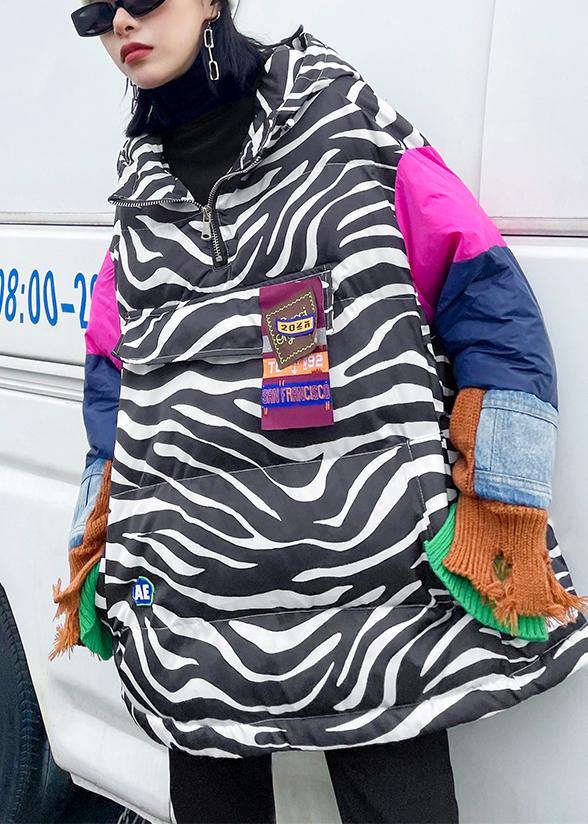 Elegant striped casual outfit oversized snow jackets hooded patchwork coats - SooLinen