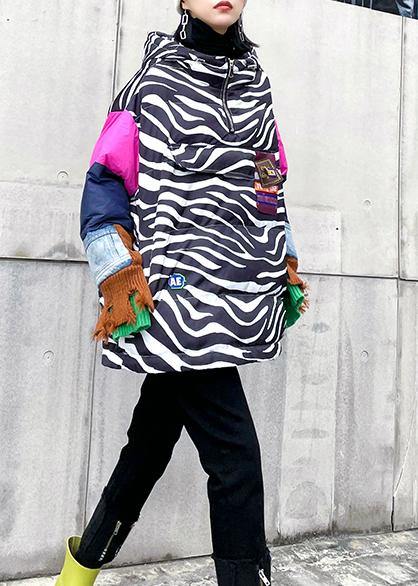Elegant striped casual outfit oversized snow jackets hooded patchwork coats - SooLinen