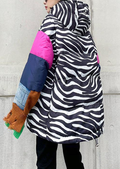 Elegant striped casual outfit oversized snow jackets hooded patchwork coats - SooLinen