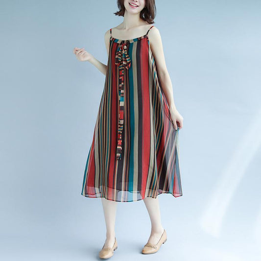 Elegante gestreifte Maxikleider Spaghettiträger Bodenkleid Urlaubskleid