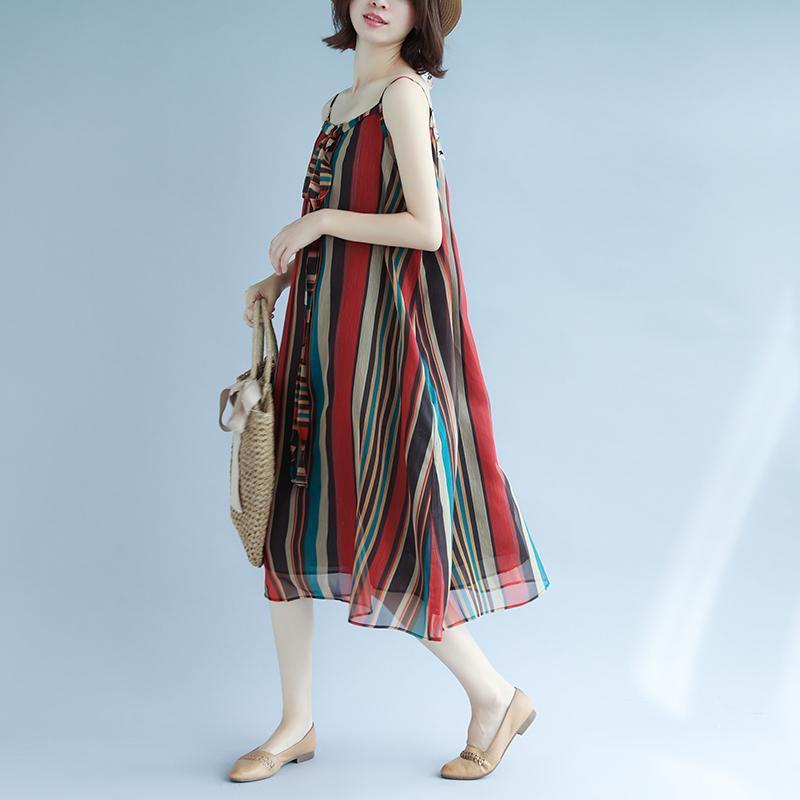Elegante gestreifte Maxikleider Spaghettiträger Bodenkleid Urlaubskleid