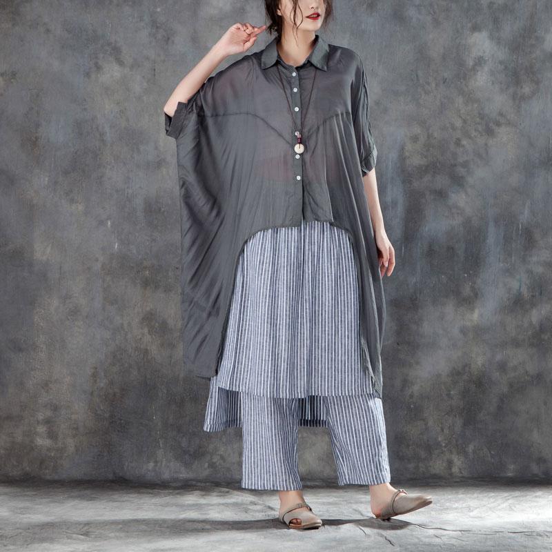 Elegantes Sommer-T-Shirt aus Baumwollmischung in Übergröße, einreihig, kurzärmlig, lockere, unregelmäßige graue Bluse