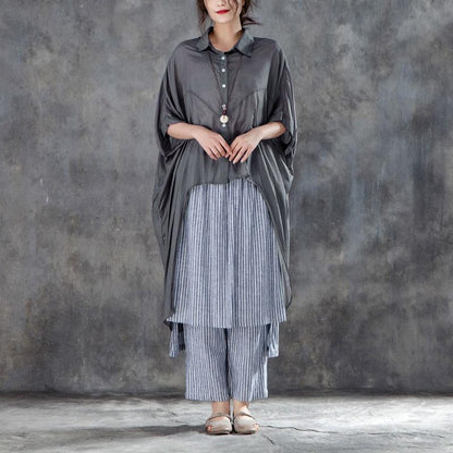 Elegantes Sommer-T-Shirt aus Baumwollmischung in Übergröße, einreihig, kurzärmlig, lockere, unregelmäßige graue Bluse