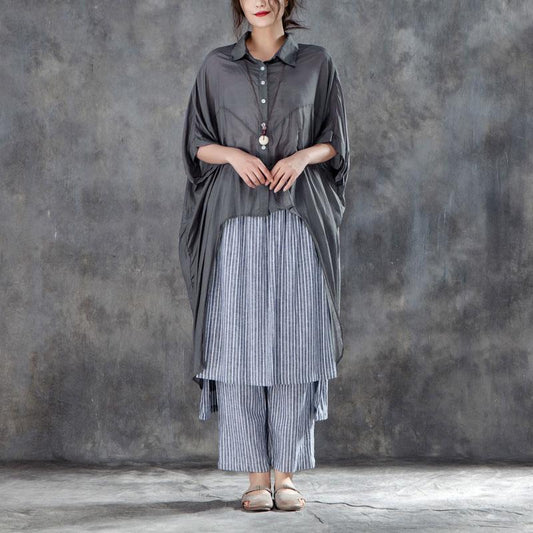 Elegantes Sommer-T-Shirt aus Baumwollmischung in Übergröße, einreihig, kurzärmlig, lockere, unregelmäßige graue Bluse