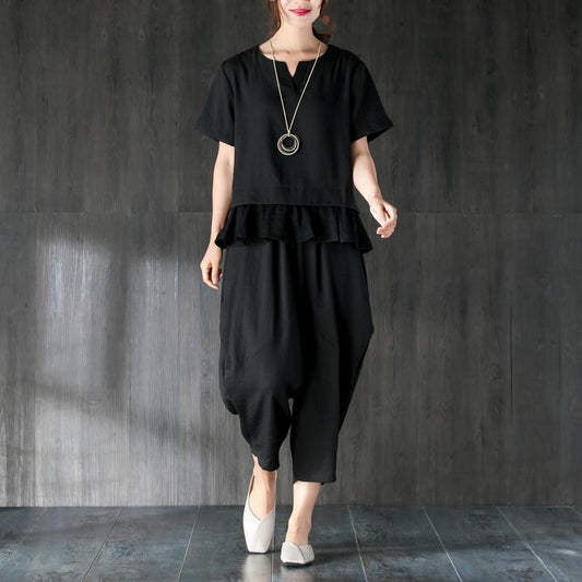 Elegantes Sommer-T-Shirt in Übergröße, schwarz, zweiteilig, Bluse mit Laternenhose