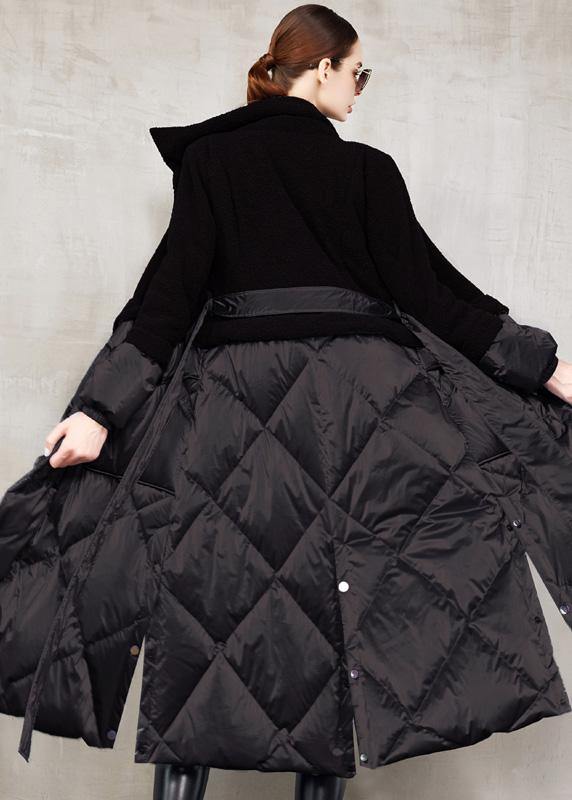 Elegant trendy plus size down jacket patchwork winter outwear blue tie waist warm winter coat - SooLinen