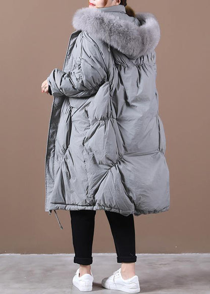 Elegant trendy plus size snow jackets Winter gray hooded Cinched goose Down coat - SooLinen
