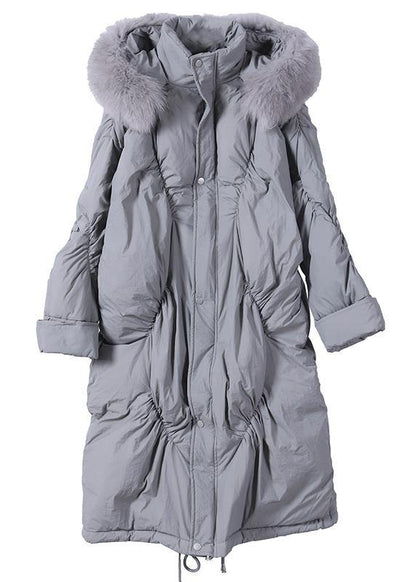 Elegant trendy plus size snow jackets Winter gray hooded Cinched goose Down coat - SooLinen
