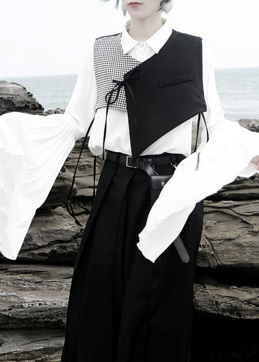 Elegant v neck cotton sleeveless blouses for women Christmas Gifts black patchwork plaid tops - SooLinen