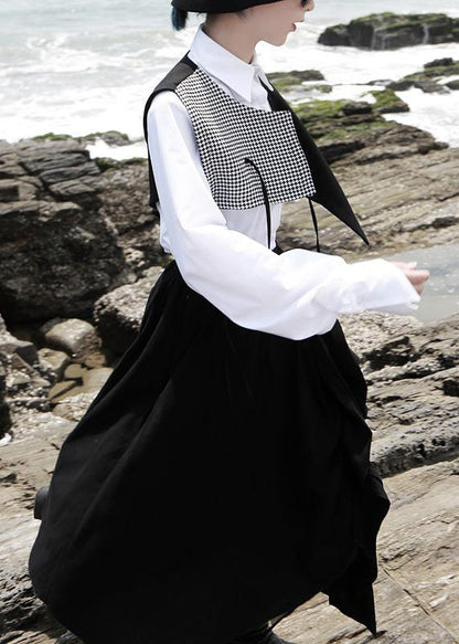 Elegant v neck cotton sleeveless blouses for women Christmas Gifts black patchwork plaid tops - SooLinen