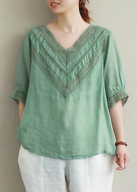 Elegant v neck half sleeve linen tunic top Photography green hollow out tops - SooLinen