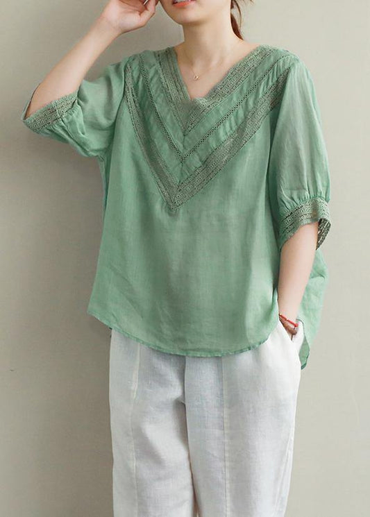 Elegant v neck half sleeve linen tunic top Photography green hollow out tops - SooLinen
