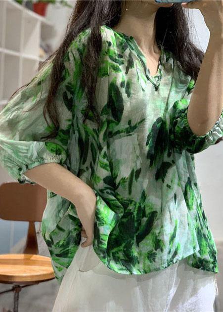 Elegant v neck linen blouses for women Fashion Ideas green prints blouses fall - SooLinen