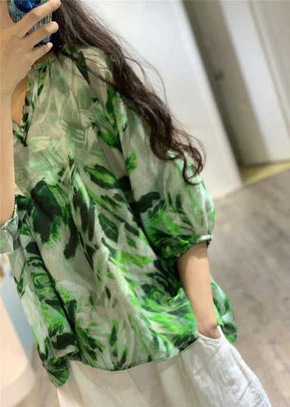 Elegant v neck linen blouses for women Fashion Ideas green prints blouses fall - SooLinen
