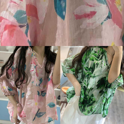 Elegant v neck linen blouses for women Fashion Ideas green prints blouses fall - SooLinen