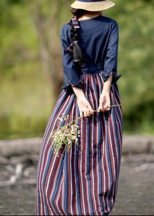 Elegant v neck patchwork striped spring quilting dresses Catwalk navy Dress - SooLinen