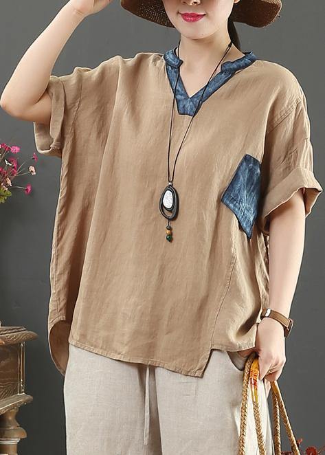 Elegant v neck pockets linen shirts women Cotton khaki blouses - SooLinen