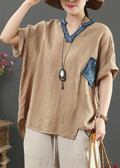 Elegant v neck pockets linen shirts women Cotton khaki blouses - SooLinen