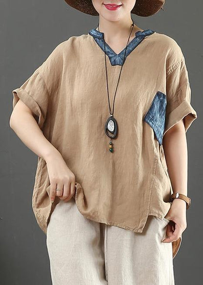 Elegant v neck pockets linen shirts women Cotton khaki blouses - SooLinen