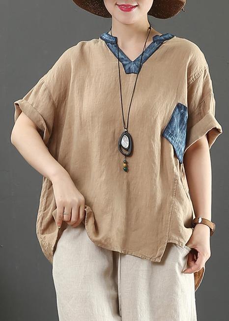 Elegant v neck pockets linen shirts women Cotton khaki blouses - SooLinen