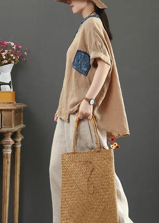 Elegant v neck pockets linen shirts women Cotton khaki blouses - SooLinen