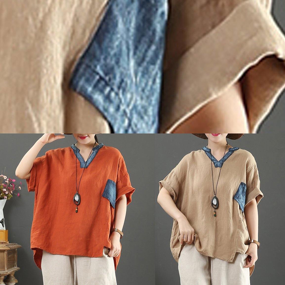 Elegant v neck pockets linen shirts women Cotton khaki blouses - SooLinen