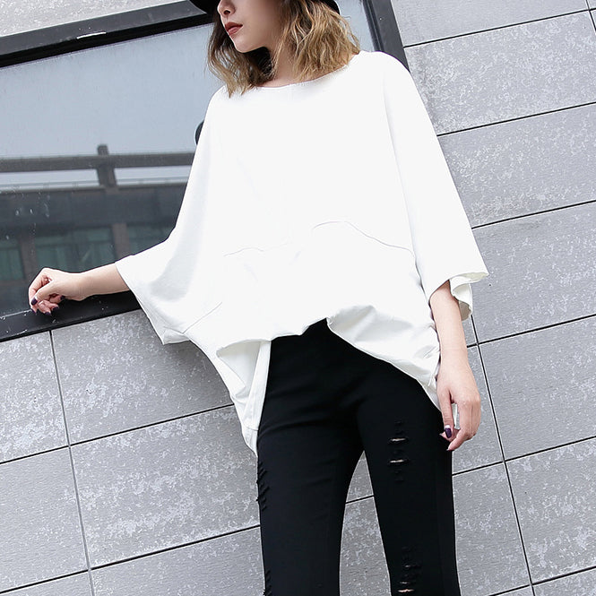 Eleganter weißer Midi-Baumwollpullover Locker sitzendes Baumwoll-T-Shirt lässige Fledermausärmel lockere Taille Baumwollkleidung