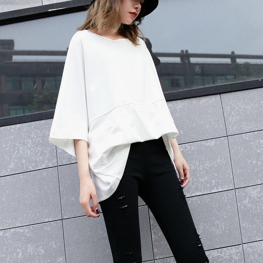 Eleganter weißer Midi-Baumwollpullover Locker sitzendes Baumwoll-T-Shirt lässige Fledermausärmel lockere Taille Baumwollkleidung