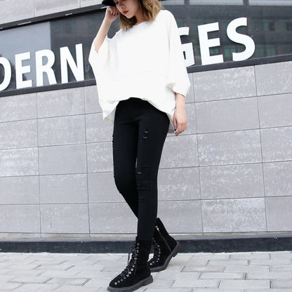 Eleganter weißer Midi-Baumwollpullover Locker sitzendes Baumwoll-T-Shirt lässige Fledermausärmel lockere Taille Baumwollkleidung
