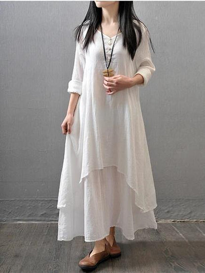 Elegant white cotton outfit v neck patchwork Dresses - SooLinen