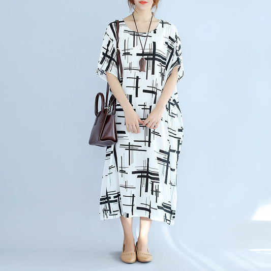 Elegantes weißes Leinenkleid in Übergröße, asymmetrisches Design, gestreifte Baumwollkleider, Vintage-O-Ausschnitt, Leinen-Baumwollkleid