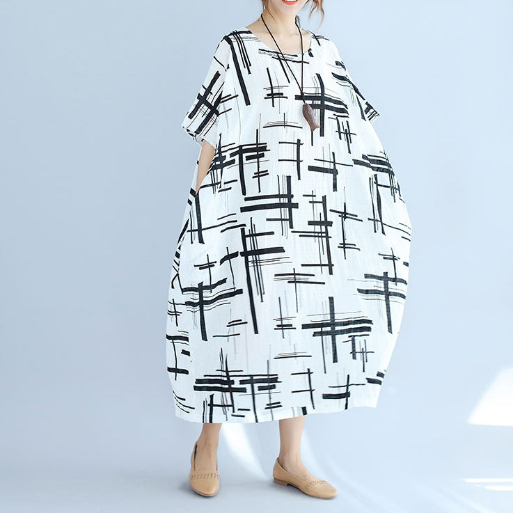 Elegantes weißes Leinenkleid in Übergröße, asymmetrisches Design, gestreifte Baumwollkleider, Vintage-O-Ausschnitt, Leinen-Baumwollkleid