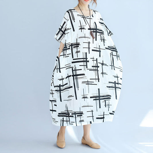 Elegantes weißes Leinenkleid in Übergröße, asymmetrisches Design, gestreifte Baumwollkleider, Vintage-O-Ausschnitt, Leinen-Baumwollkleid