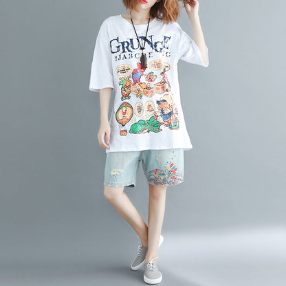 Elegante weiße bedruckte Baumwolltops für Damen im Boho-Stil mit Rundhalsausschnitt und Oversize-Oberteil