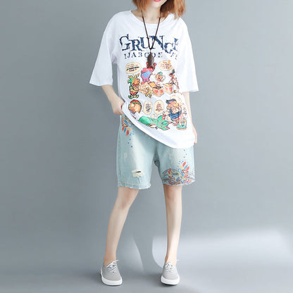 Elegante weiße bedruckte Baumwolltops für Damen im Boho-Stil mit Rundhalsausschnitt und Oversize-Oberteil