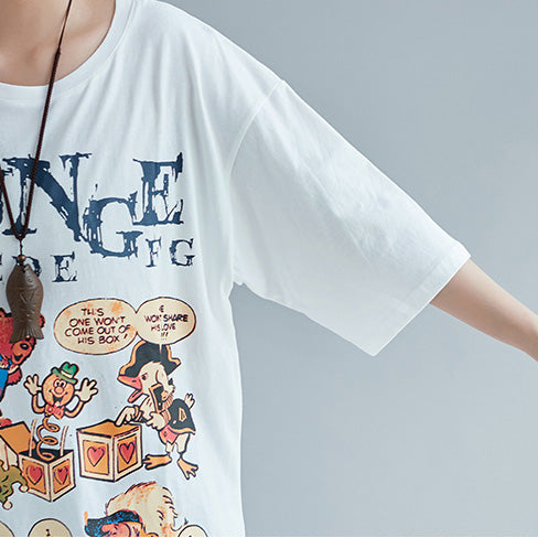 Elegante weiße bedruckte Baumwolltops für Damen im Boho-Stil mit Rundhalsausschnitt und Oversize-Oberteil