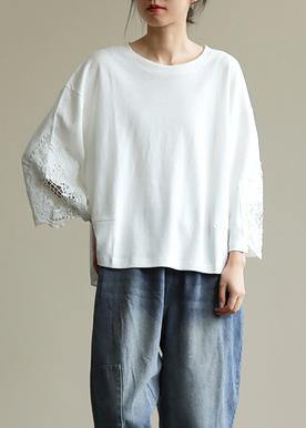 Elegant white tunics for women o neck patchwork tunic shirts - SooLinen